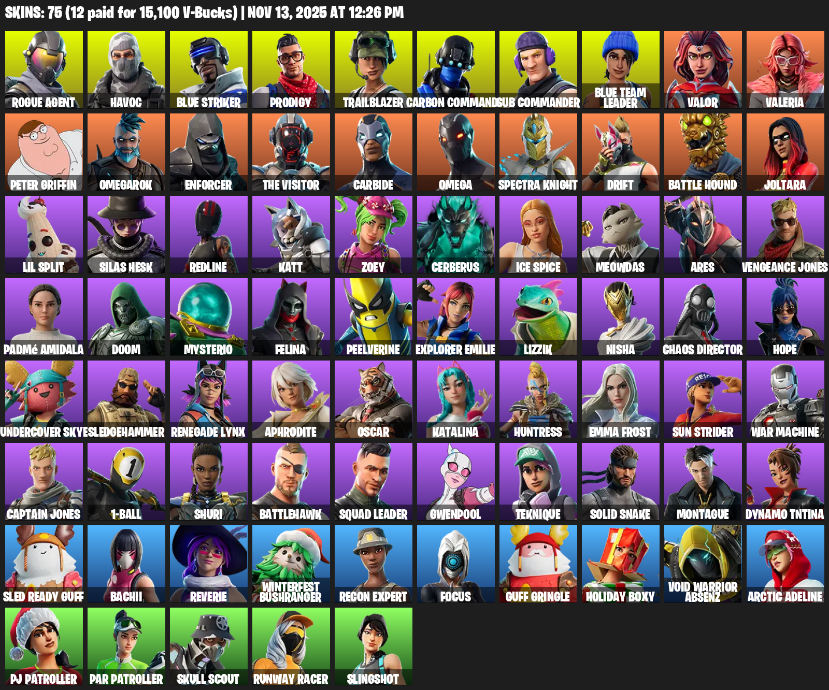 Fortnite Account ( PLAYSTATION / XBOX / PC ) (Omega, Rogue Agent, Havoc, Blue Striker, Prodigy, Trailblazer, Carbon Commando, Sub Commander, Valor, Valeria, Peter Griffin, Omegarok, Enforcer, The Visitor, Carbide, Spectra Knight, Drift, Battle Hound, Joltara) (75 Skins)