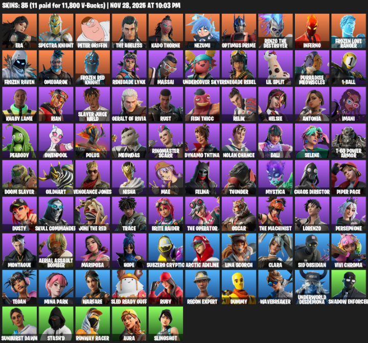 Fortnite Account ( PC / XBOX ) (Era, Spectra Knight, Peter Griffin, The Ageless, Kado Thorne, Nezumi, Optimus Prime, Inferno, Frozen Love Ranger, Omegarok, Renegade Lynx, Massai, Undercover Skye, Lil Split, Purradise Meowscles) (85 Skins)