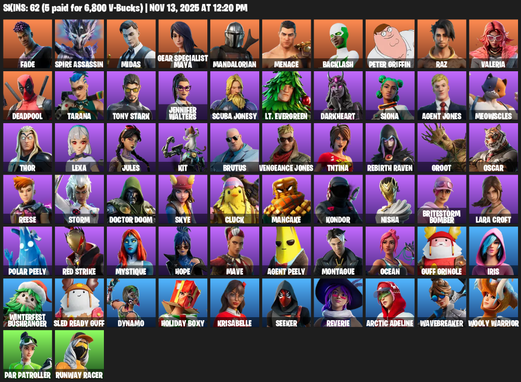Fortnite Account ( PLAYSTATION / XBOX / PC ) (Lara Croft, Gear Specialist Maya, Fade, Spire Assassin, Midas, Mandalorian, Menace, Backlash, Peter Griffin, Raz, Valeria, Deadpool, Tarana, Tony Stark, Jennifer Walters, Scuba Jonesy, Lt. Evergreen, Darkheart, Siona, Agent Jones) (62 Skins)