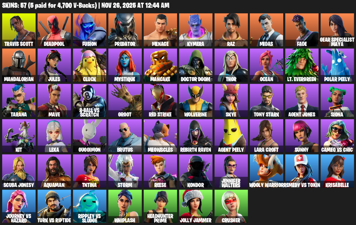 Fortnite Account ( PC / XBOX ) (Travis Scott, Gear Specialist Maya, Lara Croft, Deadpool, Fusion, Predator, Menace, Kymera, Raz, Midas, Fade, Mandalorian, Jules, Cluck, Mystique, Mancake, Doctor Doom, Thor, Ocean, Lt. Evergreen) (57 Skins)