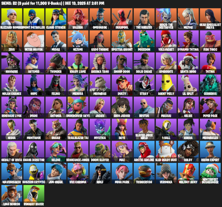 Fortnite Account ( PLAYSTATION / XBOX / PC ) (Point Patroller, Gear Specialist Maya, Blizzard Bomber, Cloud Striker, Valeria, Omegarok, Deadpool, The Ageless, Mizuki, Zeus, Peter Griffin, Midas, Nezumi, Kado Thorne, Spectra Knight, Poseidon, Yulejacket, Dynamo TNTina, Fish Thicc) (82 Skins)