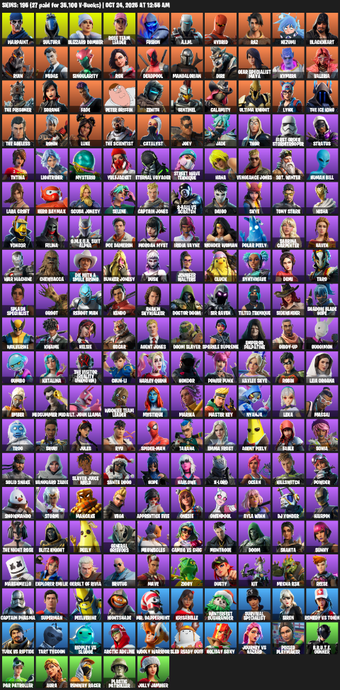 Fortnite Account ( PC / XBOX ) (Lara Croft, Gear Specialist Maya, Warpaint, Sultura, Blizzard Bomber, Rose Team Leader, Fusion, A.I.M., Hybrid, Raz, Nezumi, Blackheart, Ruin, Midas, Singularity, Rox, Deadpool, Mandalorian, Dire, Kymera) (195 Skins)