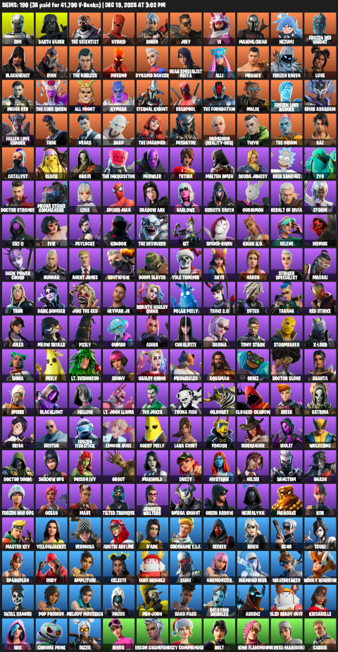 Fortnite Account ( PLAYSTATION / PC ) (Gear Specialist Maya, Lara Croft, Eon, Darth Vader, The Scientist, Hybrid, Ronin, Joey, Vi, Mandalorian, Nezumi, Frozen Red Knight, Blackheart, Ruin, Inferno, Dynamo Dancer, Alli, Menace) (190 Skins)