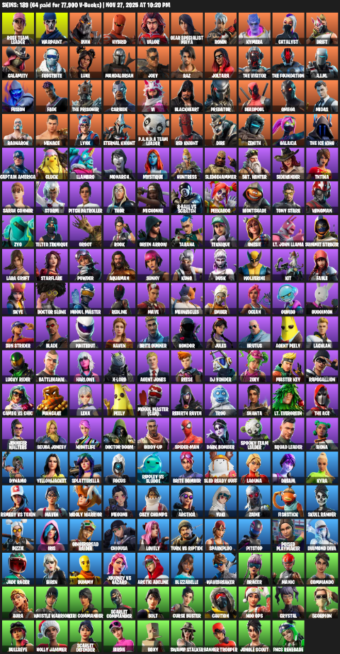 Fortnite Account ( PC / PLAYSTATION ) (Gear Specialist Maya, Omega, Lara Croft, Rose Team Leader, Warpaint, Ruin, Hybrid, Valor, Ronin, Kymera, Catalyst, Drift, Calamity, Frostbite, Luxe, Mandalorian, Joey, Raz, Joltara, The Visitor) (189 Skins)