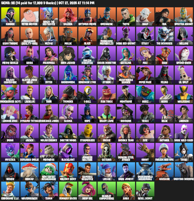 Fortnite Account ( PLAYSTATION / XBOX / PC ) (Xander, Peter Griffin, Renzo the Destroyer, Valeria, Optimus Prime, Omegarok, Twyn, Snap, Era, Spectra Knight, Kado Thorne, Paradigm (Reality-659), Mizuki, Malik, Blaze, Purradise Meowscles, Stray, Willow) (98 Skins)
