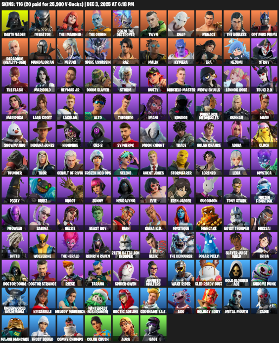 Fortnite Account ( PLAYSTATION / XBOX / PC ) (Lara Croft, Darth Vader, Predator, The Imagined, Twyn, Snap, Menace, Optimus Prime, Paradigm (Reality-659), Mandalorian, Mizuki, Spire Assassin, Raz, Malik, Kymera, Era, Nezumi) (116 Skins)