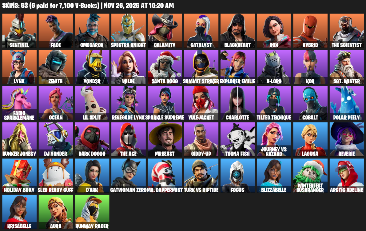 Fortnite Account ( PLAYSTATION / XBOX / PC ) (Sentinel, Fade, Omegarok, Spectra Knight, Calamity, Catalyst, Blackheart, Rox, Hybrid, The Scientist, Lynx, Zenith, Y0ND3R, Wilde, Santa Dogg, Summit Striker, Explorer Emilie, X-Lord, Kor, Sgt. Winter) (53 Skins)