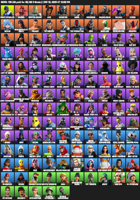 Fortnite Account ( PLAYSTATION / XBOX / PC ) (Point Patroller, Gear Specialist Maya, Valeria, Spectra Knight, Luxe, Predator, Ronin, Omegarok, Mandalorian, Galaxia, Hybrid, Nezumi, Menace, The Ageless, Midas, Ruin, Backlash, Peter Griffin, Deadpool) (135 Skins)