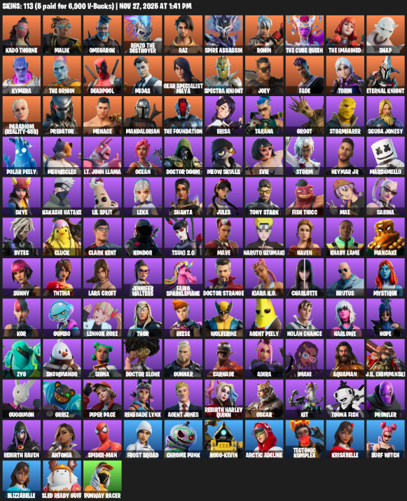 Fortnite Account ( PLAYSTATION / XBOX / PC ) (Gear Specialist Maya, Lara Croft, Kado Thorne, Malik, Omegarok, Renzo the Destroyer, Raz, Spire Assassin, Ronin, Snap, Kymera, Deadpool, Midas, Spectra Knight, Joey, Fade, Torin) (113 Skins)