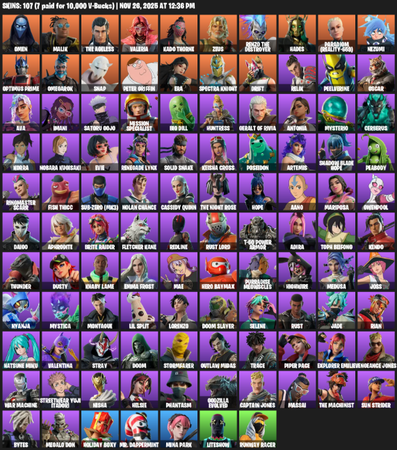Fortnite Account ( PLAYSTATION / XBOX / PC ) (Omen, Malik, The Ageless, Valeria, Kado Thorne, Zeus, Hades, Paradigm (Reality-659), Nezumi, Optimus Prime, Omegarok, Snap, Peter Griffin, Era, Spectra Knight, Drift, Relik, Peelverine, Oscar) (107 Skins)