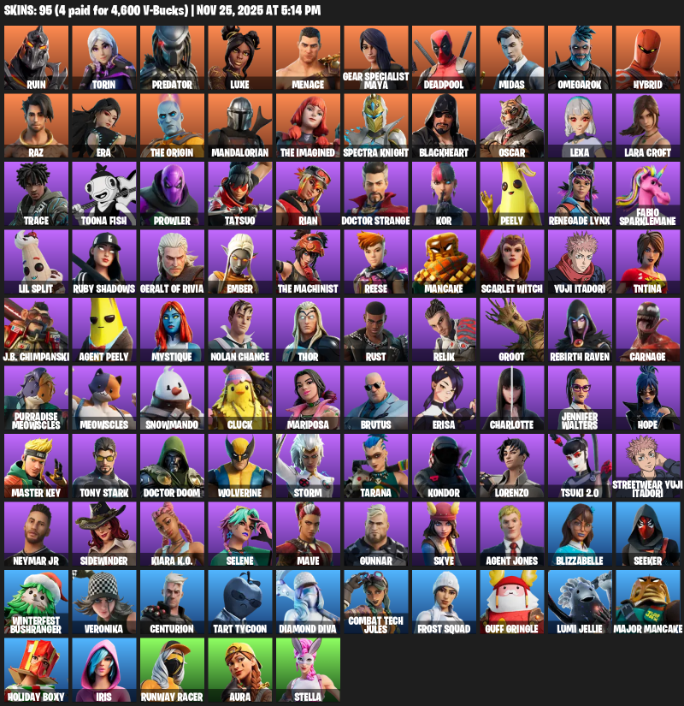 Fortnite Account ( PLAYSTATION / XBOX / PC ) (Gear Specialist Maya, Lara Croft, Ruin, Torin, Predator, Luxe, Menace, Deadpool, Midas, Omegarok, Hybrid, Raz, Era, The Origin, Mandalorian, Spectra Knight, Blackheart, Oscar, Lexa) (95 Skins)