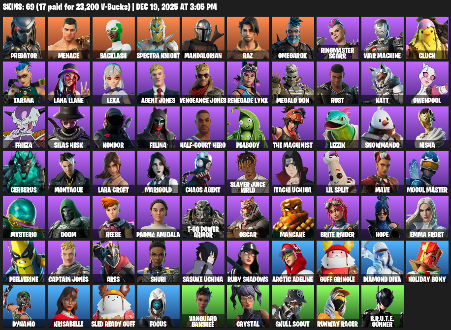 Fortnite Account ( PC / PLAYSTATION / XBOX ) (Lara Croft, Predator, Menace, Backlash, Spectra Knight, Mandalorian, Raz, Omegarok, Ringmaster Scarr, War Machine, Cluck, Tarana, Lana Llane, Lexa, Agent Jones, Renegade Lynx, Megalo Don, Rust, Katt) (69 Skins)