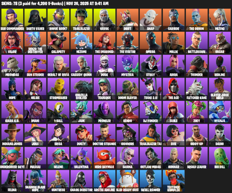 Fortnite Account ( PLAYSTATION / XBOX / PC ) (Omega, Sub Commander, Darth Vader, Rogue Agent, Trailblazer, Havoc, Drift, Snap, Carbide, The Origin, Mizuki, Valor, Calamity, Nezumi, Malik, Battlehawk, Oscar) (78 Skins)