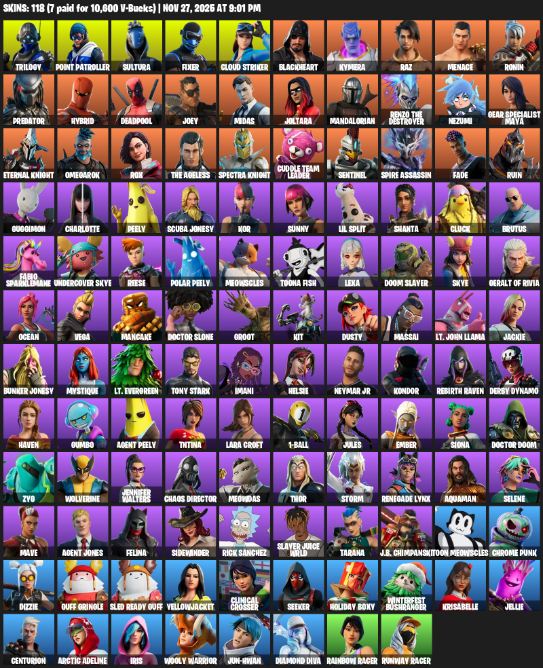 Fortnite Account ( PC / XBOX ) (Lara Croft, Point Patroller, Gear Specialist Maya, Trilogy, Sultura, Fixer, Cloud Striker, Blackheart, Kymera, Raz, Menace, Ronin, Predator, Hybrid, Deadpool, Joey, Midas, Joltara, Mandalorian, Renzo the Destroyer) (118 Skins)