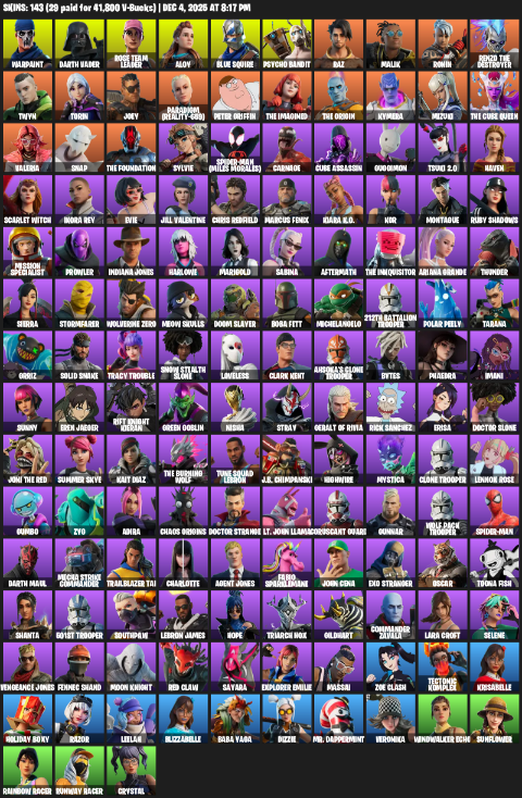 Fortnite Account ( PLAYSTATION / XBOX / PC ) (Blue Squire, Lara Croft, Warpaint, Darth Vader, Rose Team Leader, Aloy, Psycho Bandit, Raz, Malik, Ronin, Renzo the Destroyer, Twyn, Torin, Joey, Paradigm (Reality-659), Peter Griffin, Kymera, Mizuki) (143 Skins)