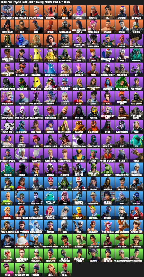 Fortnite Account ( PLAYSTATION / XBOX / PC ) (Gear Specialist Maya, Lara Croft, Spire Assassin, Eternal Knight, Dynamo Dancer, Deadpool, Vertex, Kymera, Vendetta, Raz, Catalyst, Blackheart, Joey, Fade, Hybrid, Mandalorian, Power Chord, Menace, Midas, Leviathan Axe, Reaper, Hadean Key, Sludgehammer, Ember Pick, Royal Naboo Staff, Stringles, A.R.G.U.S. Sabre, Dragon’s Claw, Michonne’s Katana, IO Eradicator, The Fret Basher, Mark 85 Energy Blade, Mjolnir, Harmonic Axes, Beastfang, Toosie Slide, Pull Up, Hand-Forged, Azarath Metrion Zinthos!, Breakin’, Dark Side, Phone It In, Lil’ Saucer, Boing!, Wakandan Salute, Breakneck, Traitor!, Planetary Vibe, Crowning Achievement, Springy, Evasive Maneuvers, Sign Spinner, Boogie Down, Smooth Moves, Boomin’, Ohm, Fusion Coil, Sentinel, Eagle’s Form, War Force Wings, Summer Sail Shark, Ollie, Korra’s Air Glider, Root Wing, Thunder & Lightning, Metalmark, Master Mix, Brella, Chop Dropper, Mjolnir’s Path, Millennium Falcon, Crazy Eight, Whale Sailer) (185 Skins)