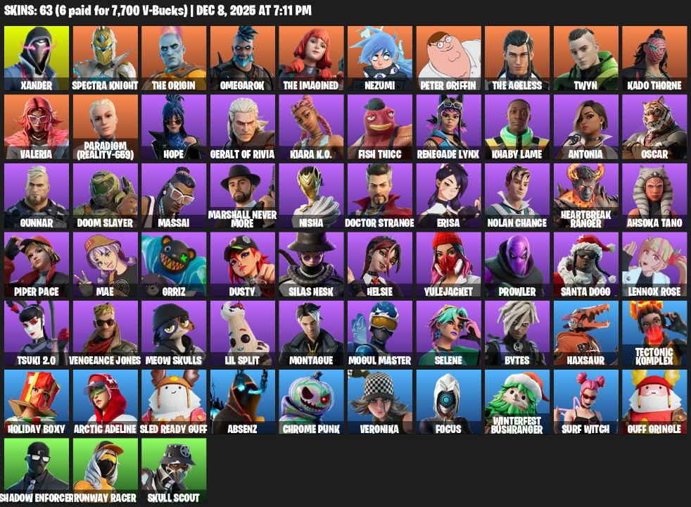 Fortnite Account ( PLAYSTATION / XBOX / PC ) (Omegarok, Xander, Spectra Knight, The Origin, Nezumi, Peter Griffin, Twyn, Kado Thorne, Valeria, Paradigm (Reality-659), Hope, Geralt of Rivia, Kiara K.O., Fish Thicc, Renegade Lynx, Khaby Lame, Antonia, Oscar) (63 Skins)