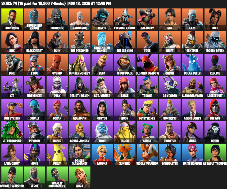 Fortnite Account ( PLAYSTATION / XBOX / PC ) (Lara Croft, John Wick, Frozen Red Knight, Enforcer, Ragnarok, Zenith, Calamity, Raz, A.I.M., Luxe, Rox, Blackheart, Ruin, The Prisoner, Fade, Drift, Sentinel) (74 Skins)