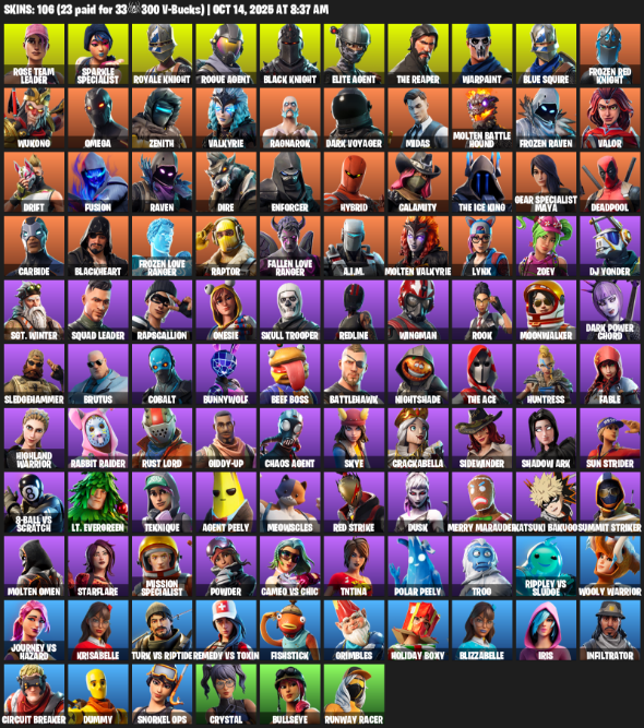Fortnite Account ( PLAYSTATION / XBOX / PC ) (Black Knight, Sparkle Specialist, Royale Knight, Elite Agent, The Reaper, Blue Squire, Omega, Rose Team Leader, Warpaint, Wukong, Zenith, Valkyrie, Ragnarok, Dark Voyager, Midas, Molten Battle Hound, Frozen Raven) (106 Skins)