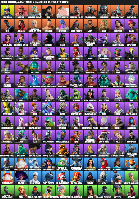 Fortnite Account ( PLAYSTATION / XBOX / PC ) (Neo Versa, Valeria, Spectra Knight, Era, Peter Griffin, Optimus Prime, Mandalorian, Predator, Omegarok, Fade, Joltara, Paradigm (Reality-659), Menace, Kymera, Kado Thorne, Joey, Zeus, Mariposa, Sunny) (140 Skins)