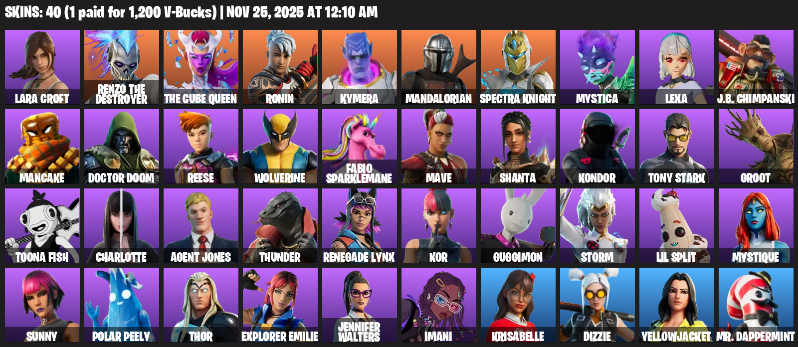 Fortnite Account ( PLAYSTATION / XBOX / PC ) (Lara Croft, Renzo the Destroyer, Ronin, Kymera, Mandalorian, Spectra Knight, Mystica, Lexa, J.B. Chimpanski, Mancake, Doctor Doom, Reese, Wolverine, Fabio Sparklemane, Mave, Shanta, Kondor, Tony Stark, Groot) (40 Skins)