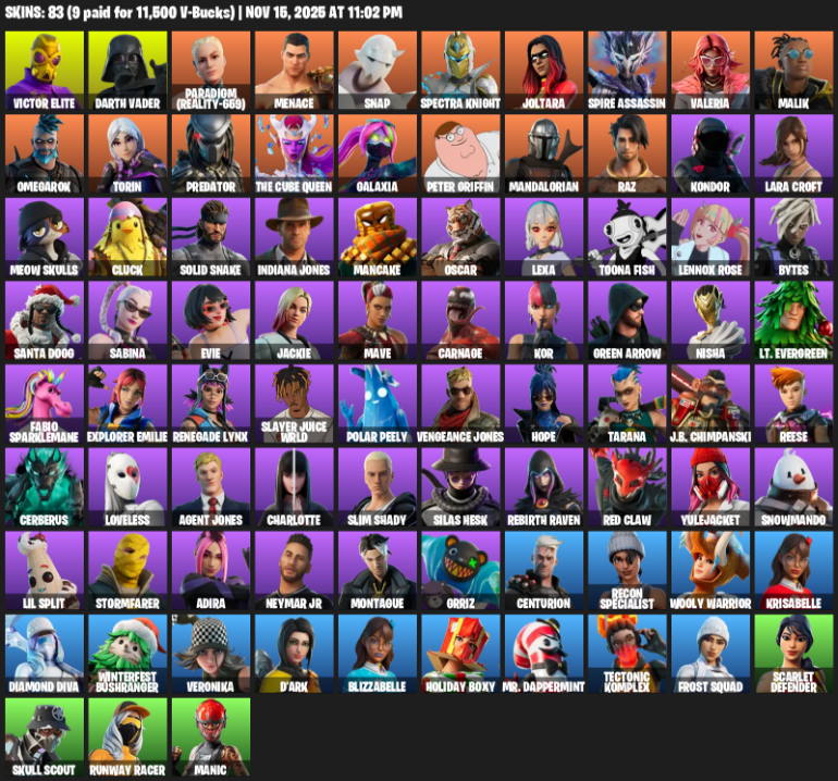 Fortnite Account ( PLAYSTATION / XBOX / PC ) (Lara Croft, Victor Elite, Darth Vader, Paradigm (Reality-659), Menace, Snap, Spectra Knight, Joltara, Spire Assassin, Valeria, Malik, Omegarok, Torin, Predator, The Cube Queen, Galaxia, Peter Griffin, Mandalorian, Raz, Kondor, Leviathan Axe, Winter’s Onslaught, Yautja Wristblades, Sulfuric Street Shine, Solar Slicer, Harley Hitter, Ember Pick, Carnage Cleaver, Red’s Rippers, Dragon Rune Lance, Demonslayer Blade, Octane Whomper, Stringles, Pairing Blades, Cyclo Curl, Azarath Metrion Zinthos!, Lil’ Rover, I’m a Mystery, Evasive Maneuvers, Chicken Wing It, Wakandan Salute, Pelé’s Air Punch, Hang Loose Celebration, U Can’t C Me, Boomin’, Imperial March, Hand-Forged, Boogie Down, Crowning Achievement, Dagger Dance, Boots ‘n’ Cats, Time Brella, War Force Wings, Sentinel, Frostburn, Queen’s Procession, Eagle’s Form, Flavor-Dusted Sparklewings, Dealer’s Deck, Whale Sailer, Raider’s Wayfarer, Skellefish, Cacodemon, Razor Crest, Dark Symbiote, Chrome Cloudcruiser, Millennium Falcon, Whispering Wind) (83 Skins)