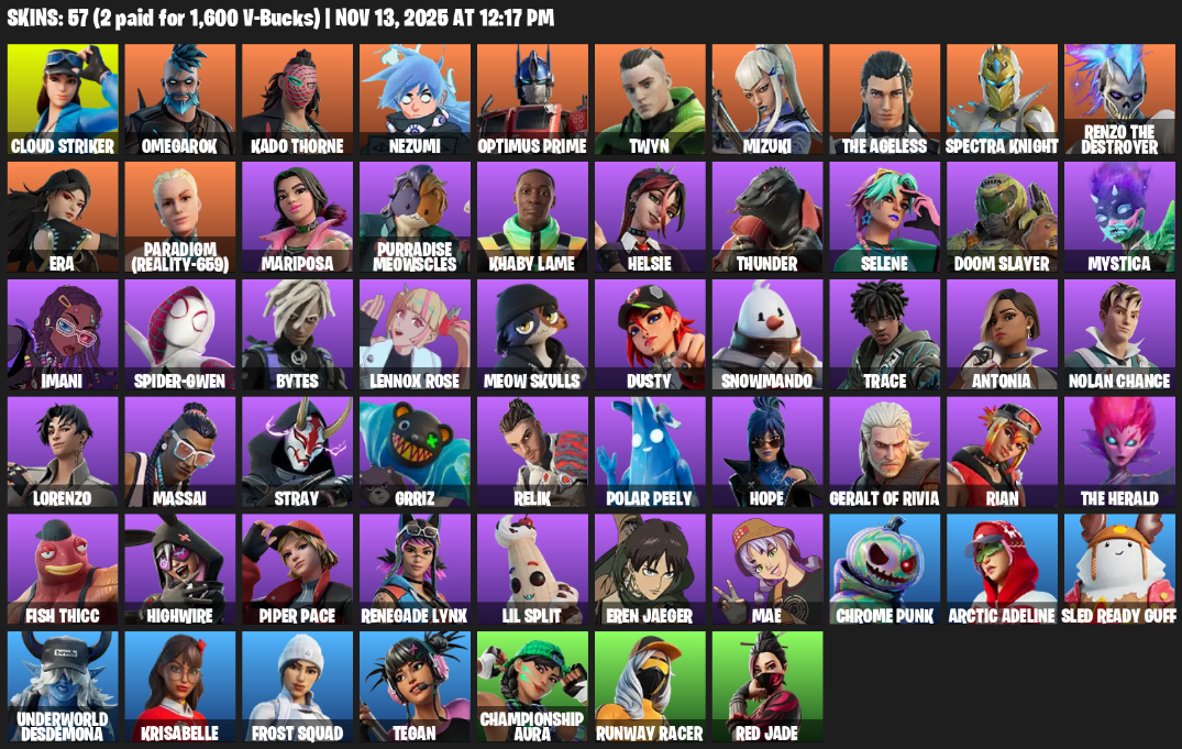 Fortnite Account ( PLAYSTATION / XBOX / PC ) (Cloud Striker, Omegarok, Kado Thorne, Nezumi, Optimus Prime, Twyn, Mizuki, The Ageless, Spectra Knight, Era, Paradigm (Reality-659), Mariposa, Purradise Meowscles, Khaby Lame, Helsie, Thunder, Selene, Doom Slayer, Mystica) (57 Skins)