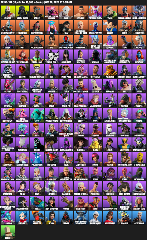 Fortnite Account ( PLAYSTATION / XBOX / PC ) (Lara Croft, Kratos, Darth Vader, Malik, Mecha Cuddle Master, Snap, Menace, The Cube Queen, Twyn, Optimus Prime, Spire Assassin, Eternal Knight, Kado Thorne, Alli, Era, Paradigm (Reality-659), Galaxy Scout, Vegeta, Ronin) (151 Skins)