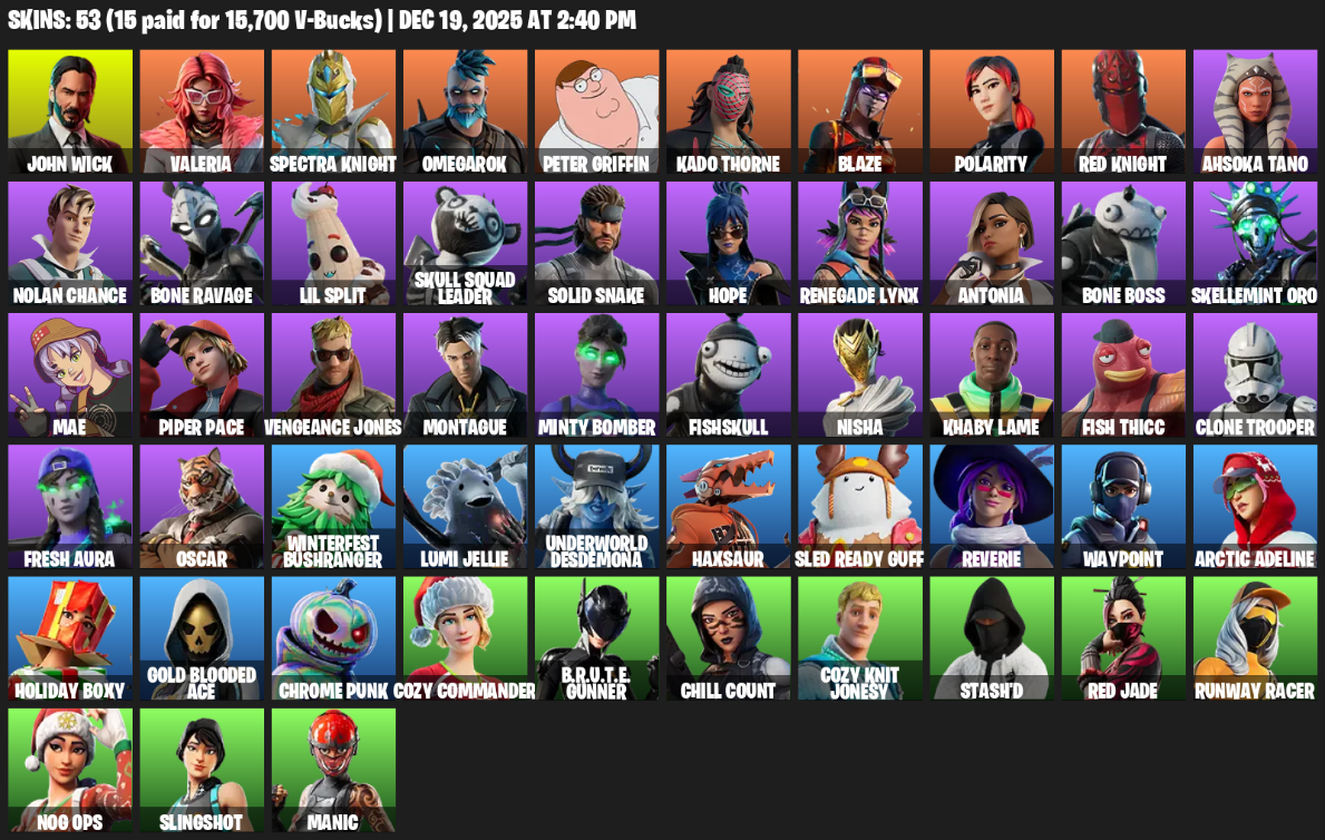 Fortnite Account ( PLAYSTATION / XBOX / PC ) (John Wick, Valeria, Spectra Knight, Omegarok, Peter Griffin, Kado Thorne, Blaze, Polarity, Ahsoka Tano, Nolan Chance, Bone Ravage, Lil Split, Skull Squad Leader, Solid Snake, Hope, Renegade Lynx, Antonia, Skellemint Oro) (53 Skins)