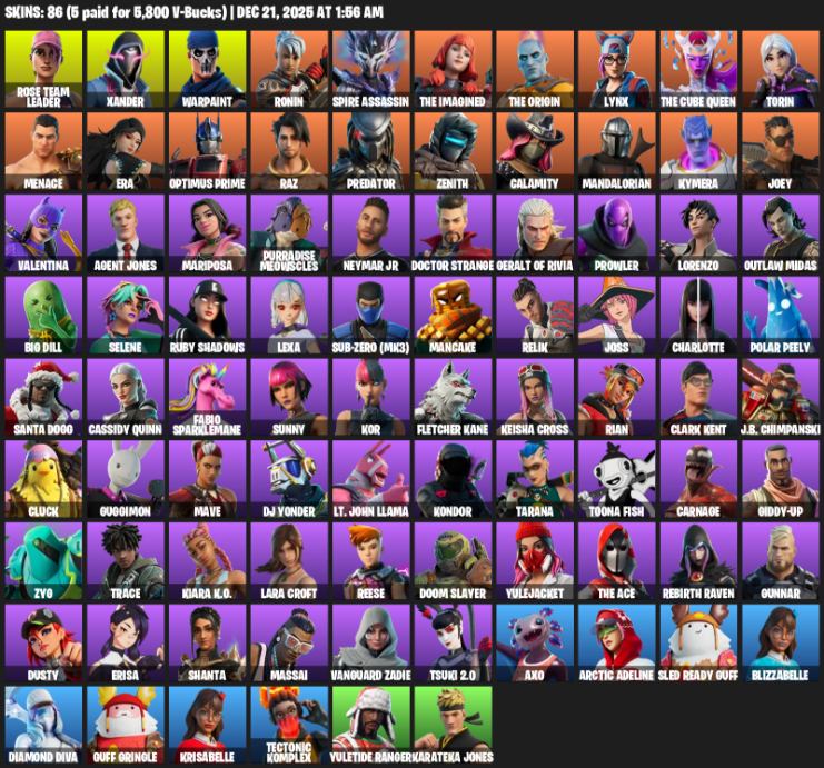 Fortnite Account ( PC / XBOX ) (Lara Croft, Rose Team Leader, Xander, Warpaint, Ronin, Spire Assassin, The Imagined, Lynx, Torin, Menace, Era, Optimus Prime, Raz, Predator, Zenith, Calamity, Mandalorian, Kymera) (86 Skins)