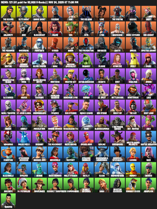 Fortnite Account ( PLAYSTATION / XBOX / PC ) (The Reaper, Elite Agent, Omega, Carbide, Ark, Luxe, Ravage, Drift, Calamity, Dire, Blackheart, Valor, Rex, Fate, Lynx, Ragnarok, Dark Voyager, Leviathan Axe, Reckoning, Ol’ Woody, Winter’s Onslaught, Spectra Slasher, Permafrost, Skull Sickle, Trusty No. 2, Ice Scepter, Rift Edge, Scratchmark Shredder, Dragon’s Claw, Scorcher, Wallopin’ Web Hammer, Hot Marat, Orange Justice, Wakandan Salute, Free Flow, Flamenco, Hoop Master, Back On 74, Electro Shuffle, Crowning Achievement, Breakdown, Pull Up, Toosie Slide, Cyclo Curl, Lil’ Monster, Llama Bell, Groove Jam, Heartspan, Time Brella, War Force Wings, Magnetic Steps, Frostburn, Summer Sail Shark, Black One X-wing, Wasteland Rider, Mobile Megalodon, Raider’s Wayfarer, Cacodemon, Cliffside Soarer, Intrepid, Pea-rigibles, Conquest, Drome Drifter) (121 Skins)
