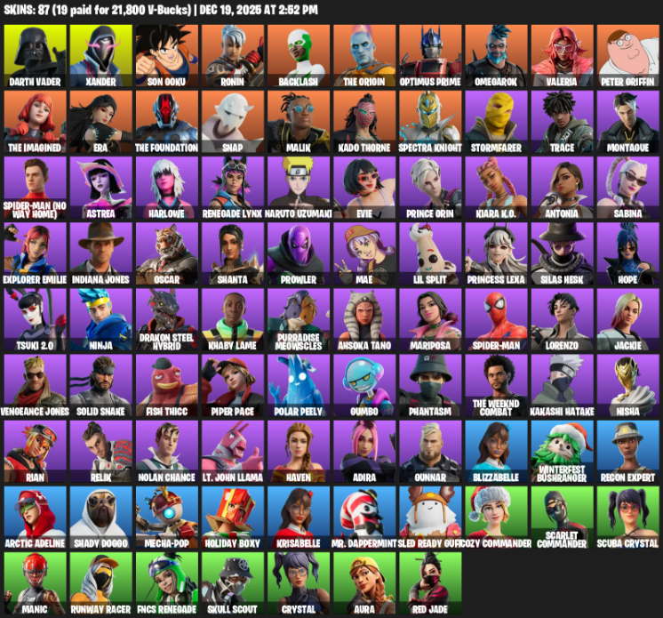 Fortnite Account ( PLAYSTATION / XBOX / PC ) (Darth Vader, Xander, Son Goku, Ronin, Backlash, The Origin, Optimus Prime, Omegarok, Valeria, Peter Griffin, Era, Snap, Malik, Kado Thorne, Spectra Knight, Stormfarer, Trace, Montague) (87 Skins)