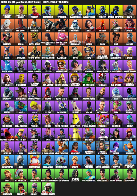 Fortnite Account ( PC ) (Omega, Gear Specialist Maya, Blue Team Leader, Prodigy, Breakpoint, Warpaint, Cloud Striker, Trilogy, Carbon Commando, Zenith, Snap, Red Knight, Sentinel, Dire, Deadfire, Frostbite, Rox, Inferno) (134 Skins)