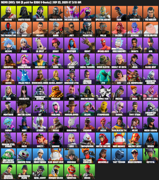 Fortnite Account ( PC / XBOX ) (Kratos, Darth Vader, Xander, Mandalorian, The Cube Queen, Galaxia, Spectra Knight, Fade, Omegarok, Snap, Menace, Ronin, Joey, Predator, Malik, Valeria, Kymera, Peter Griffin, Leviathan Axe, Perfect Point, Reaper, Winter’s Onslaught, Yautja Wristblades, Eon Blades, Big Bite, Dragon Rune Lance, Sulfuric Street Shine, Foundation’s Plasma Spike, Aquaman’s Trident, Zyg’s Chainblade, Crucible Blade, Stun Knife, Ember Pick, Reality Render) (106 Skins)