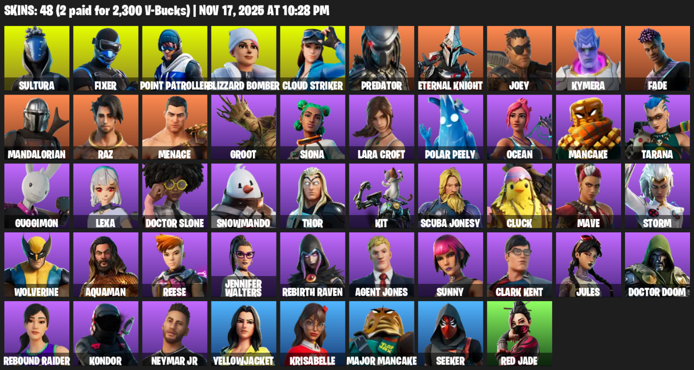 Fortnite Account ( PLAYSTATION / XBOX / PC ) (Point Patroller, Lara Croft, Sultura, Fixer, Blizzard Bomber, Cloud Striker, Predator, Eternal Knight, Joey, Kymera, Fade, Mandalorian, Raz, Menace, Groot, Siona, Polar Peely, Ocean, Mancake, Tarana) (48 Skins)
