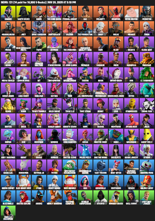 Fortnite Account ( PLAYSTATION / XBOX / PC ) (Lara Croft, Gear Specialist Maya, Xander, Darth Vader, Ronin, The Cube Queen, Eternal Knight, Raz, Polarity, Deadpool, Peter Griffin, Predator, Mandalorian, Joey, Spire Assassin, Driftwalker, Valeria, Snap, Malik) (131 Skins)