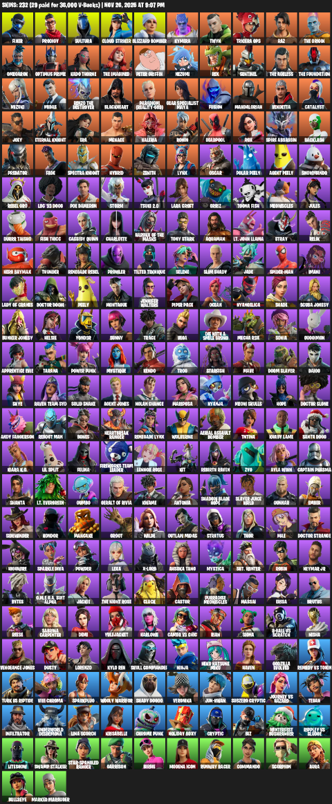 Fortnite Account ( PLAYSTATION / XBOX / PC ) (Lara Croft, Gear Specialist Maya, Fixer, Prodigy, Sultura, Cloud Striker, Blizzard Bomber, Kymera, Twyn, Tricera Ops, Raz, The Origin, Omegarok, Optimus Prime, Kado Thorne, Peter Griffin, Nezumi, Rex, Sentinel) (232 Skins)
