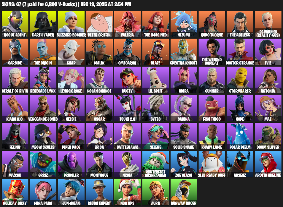 Fortnite Account ( PLAYSTATION / XBOX / PC ) (Rogue Agent, Darth Vader, Blizzard Bomber, Peter Griffin, Valeria, The Imagined, Nezumi, Kado Thorne, Paradigm (Reality-659), Carbide, Snap, Malik, Omegarok, Blaze, Spectra Knight, Doctor Strange, Evie) (67 Skins)
