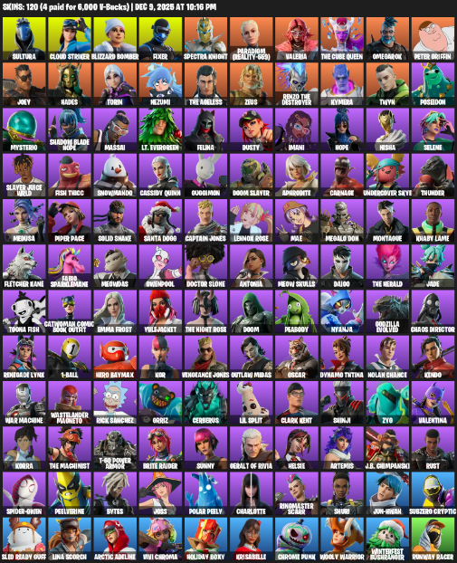 Fortnite Account ( PLAYSTATION / XBOX / PC ) (Sultura, Cloud Striker, Blizzard Bomber, Fixer, Spectra Knight, Paradigm (Reality-659), Valeria, The Cube Queen, Omegarok, Peter Griffin, Joey, Hades, Torin, Nezumi, Zeus, Kymera, Twyn, Poseidon) (120 Skins)