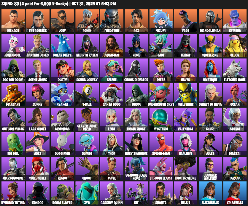 Fortnite Account ( PC / XBOX ) (Lara Croft, Menace, The Ageless, Joey, Ronin, Predator, Raz, Nezumi, Fade, Mandalorian, Kymera, Gwenpool, Captain Jones, Polar Peely, Rebirth Raven, Aquaman, Hope, Jade, Felina, Wolverine) (80 Skins)
