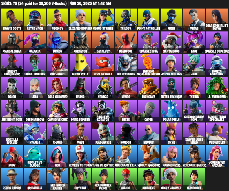 Fortnite Account ( PC / PLAYSTATION / XBOX ) (Travis Scott, Point Patroller, Gear Specialist Maya, Renegade Raider, Astro Jack, Prodigy, Blizzard Bomber, Cloud Striker, Trilogy, Fixer, Midas, Mandalorian, Galaxia, Fusion, Predator, Catalyst, Deadpool, Sparkle Diva, Santa Dogg, Lace) (79 Skins)