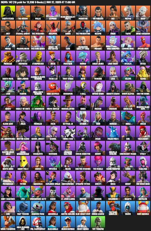 Fortnite Account ( PLAYSTATION / XBOX / PC ) (Lara Croft, Gear Specialist Maya, Darth Vader, The Origin, Malik, Kymera, Predator, Raz, Mizuki, Snap, Joey, Eternal Knight, Deadpool, Ronin, Nezumi, Torin, Twyn) (147 Skins)
