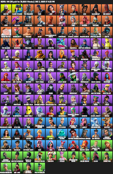 Fortnite Account ( PC / XBOX ) (Gear Specialist Maya, Kratos, Cloud Striker, The Prisoner, Fade, Rox, Lynx, Polarity, Luxe, Blackheart, Red Knight, Ruin, Galaxia, Predator, Midas, Hybrid, Vi, Ark, Valeria, Sentinel, Leviathan Axe, Perfect Point, Yautja Wristblades, Spectra Slasher, Winter’s Onslaught, Groot’s Sap Axes, Hammers of Justice, Evil Eye, Vox, Fruit Punchers, Ice Scepter, Puffcorn Pick, Gilded Morphic Blades, Flawless, Power Claws, Beastfang, Proto-Adamantium Shield, Aquaman’s Trident) (144 Skins)