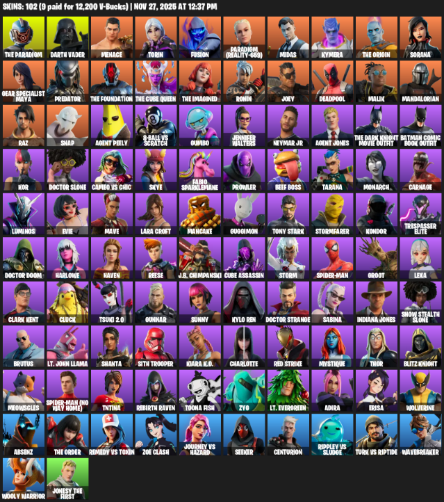 Fortnite Account ( PLAYSTATION / XBOX / PC ) (Gear Specialist Maya, Lara Croft, The Paradigm, Darth Vader, Menace, Torin, Fusion, Midas, Kymera, Sorana, Predator, Ronin, Joey, Deadpool, Malik) (102 Skins)