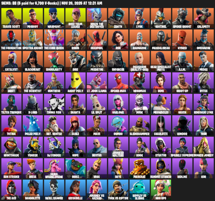Fortnite Account ( PLAYSTATION / XBOX / PC ) (Travis Scott, Gear Specialist Maya, Prodigy, Warpaint, Rose Team Leader, Renzo the Destroyer, Zenith, Lynx, Sentinel, Spider Knight, Calamity, Ronin, Deadpool, Rox, Ragnarok, Mandalorian, Hybrid) (88 Skins)