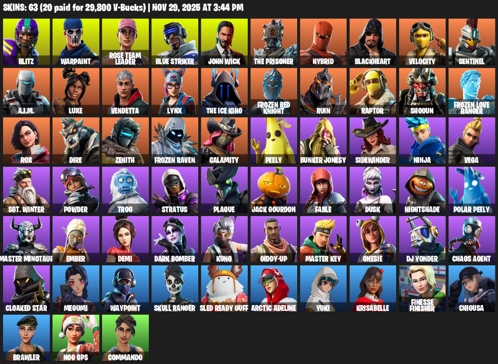 Fortnite Account ( PC / XBOX ) (OG STW, Reaper Axe, Blitz, Warpaint, Rose Team Leader, Blue Striker, John Wick, The Prisoner, Hybrid, Blackheart) (63 Skins)