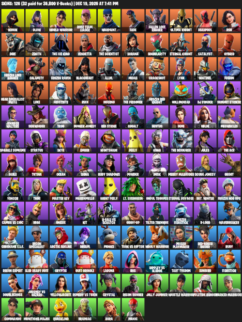 Fortnite Account ( PLAYSTATION / XBOX / PC ) (Merry Mint Axe, OG STW, IKONIK, Glow, World Warrior, Rose Team Leader, Warpaint, Fade, Fallen Love Ranger) (126 Skins)