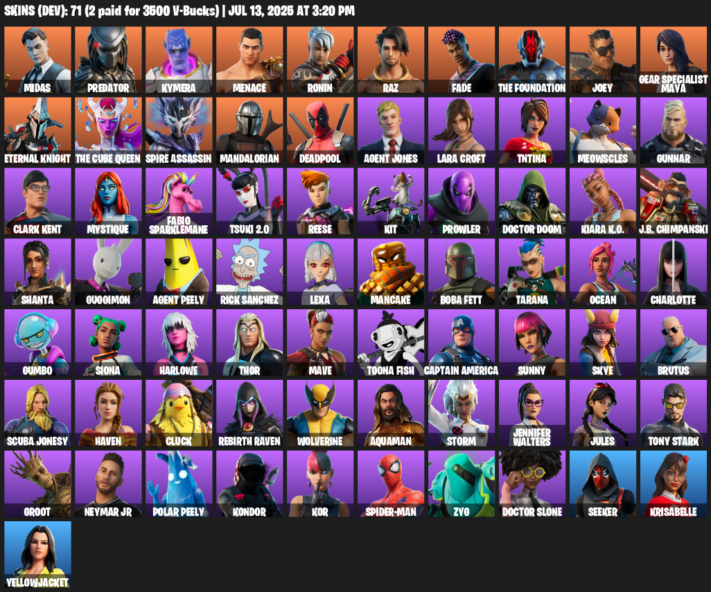 Fortnite Account ( PLAYSTATION / XBOX / PC ) (Lara Croft, Midas, Predator, Kymera, Menace, Ronin, Raz, Fade, The Foundation, Joey, Gear Specialist Maya) (71 Skins)