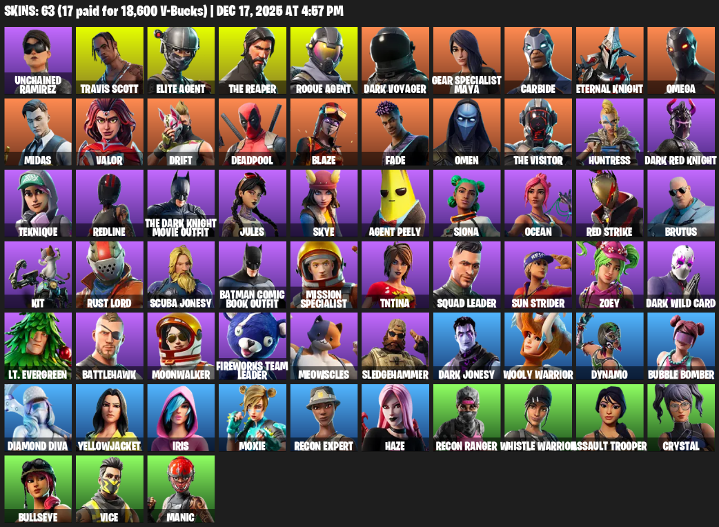 Fortnite Account ( PC / PLAYSTATION ) (Take The L, Travis Scott, The Reaper, Elite Agent, Omega, Unchained Ramirez, Rogue Agent, Dark Voyager) (63 Skins)