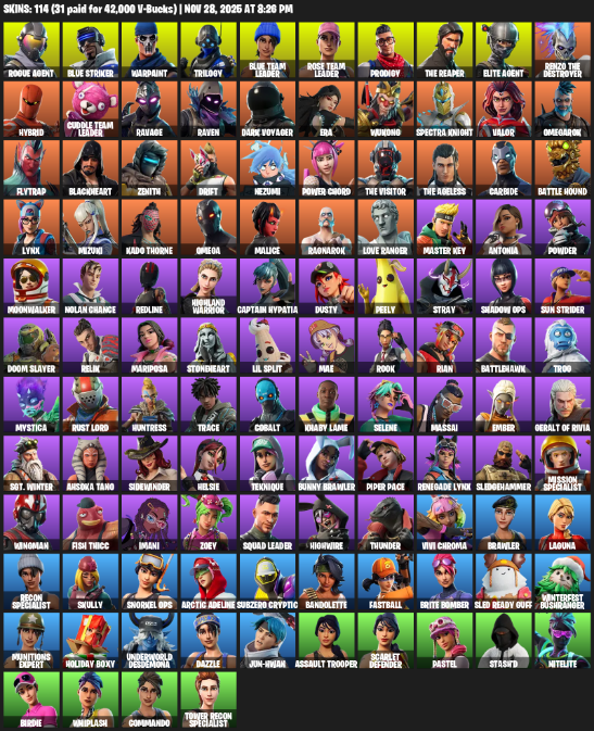 Fortnite Account ( PC / XBOX ) (Take The L, OG STW, The Reaper, Elite Agent, Omega, Rogue Agent, Blue Striker, Warpaint, Trilogy) (114 Skins)